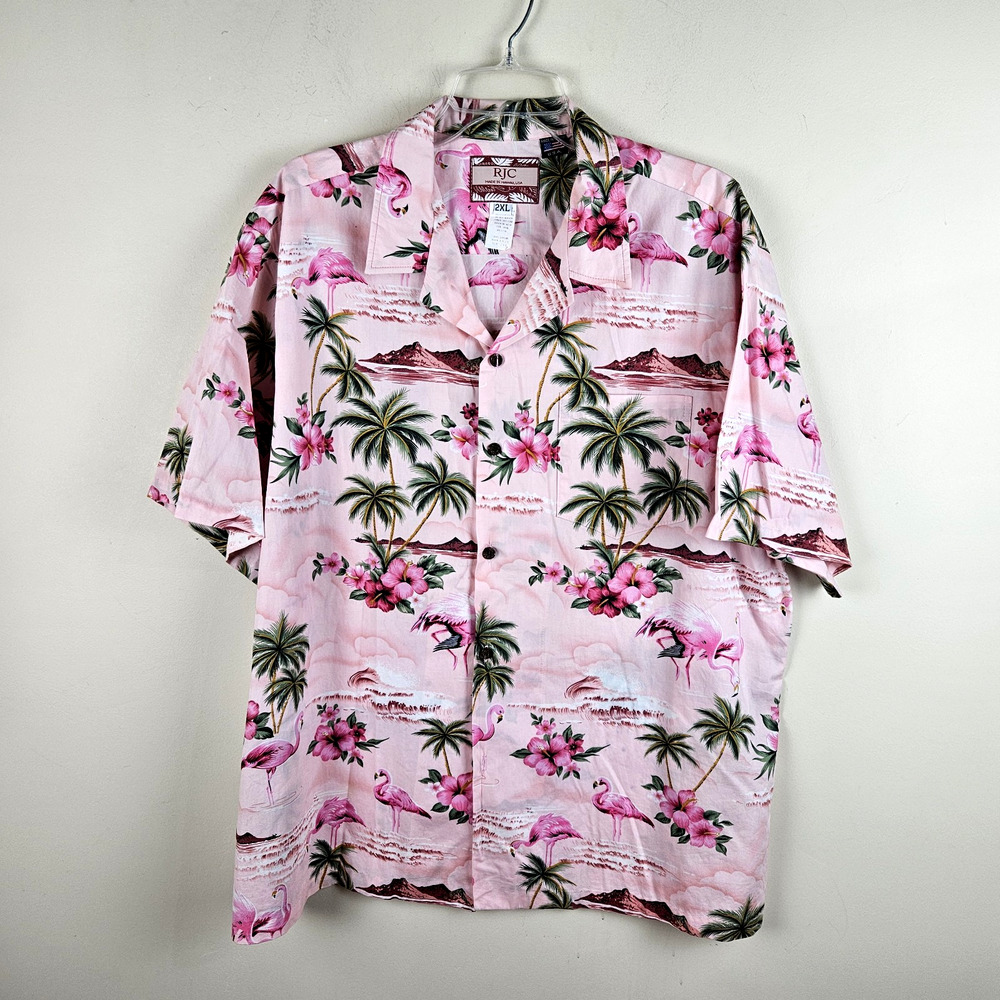 VINTAGE RJC Shirt Men's 2XL Pink Flamingo Palm Print Camp Hawaiian USA Made